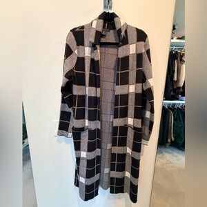 Tahari Black & Gray Plaid Open-Front Long Cardigan Coatigan